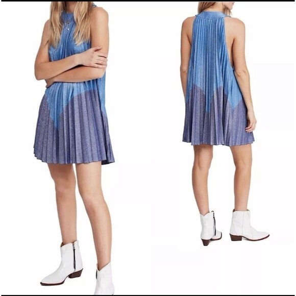 FREE PEOPLE Pleated Love Minidress Blue Metallic Extra Small XS $98 OB873647 - Picture 1 of 9